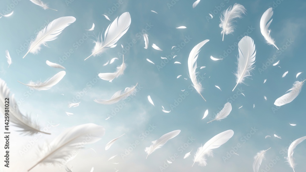 Poster abstract blue sky with falling bird feathers and light patterns