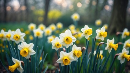 Fototapeta premium Soft Natural Light Illuminates Daffodils Blooming in Meadow with Blurred Background