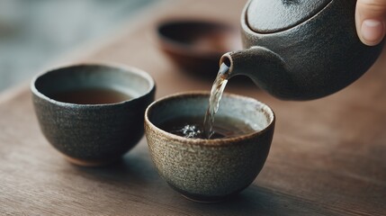 Close-up of a hand pouring tea into two simple cups across the table, suggesting togetherness, soft daylight from side 