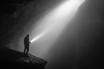 Person Holding Flashlight in Dark Cave with Light Beams Shining