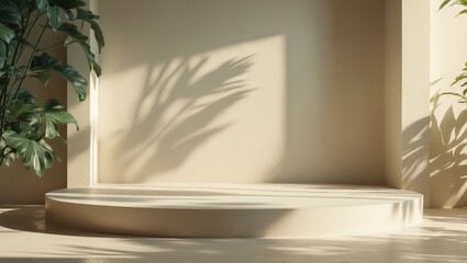 Fototapeta premium Minimalist luxury room with podium illuminated by natural sunlight shadows