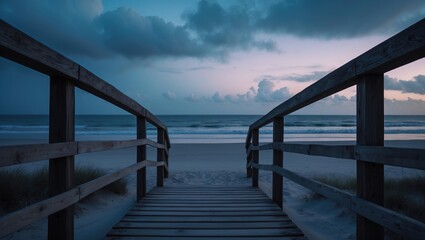 A wooden boardwalk extends to a sandy beach under cloudy skies and rolling ocean waves