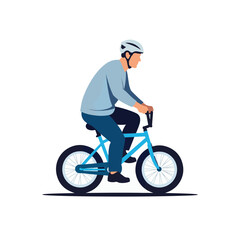 Obraz premium Elderly man cycling with helmet on a blue bicycle, perseverance