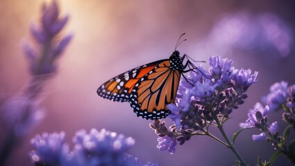Summer scene of a monarch butterfly perched on a purple floral bloom in Arizona's garden