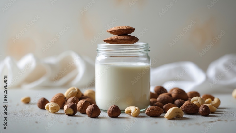 Poster nuts and milk on a white background with a square format
