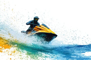 Dynamic Jet Ski Ride on Turquoise Ocean Waves with Splashing Water