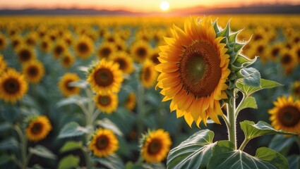 Fototapeta premium Close-up of a bright sunflower in full bloom against a natural abstract background with a field of sunflowers in warm light