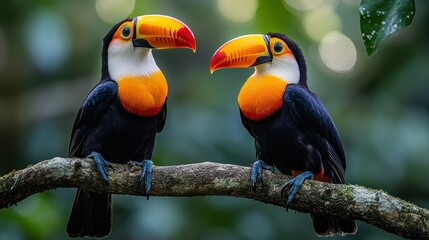 Obraz premium Two toucans perched on a branch in a lush forest (1)