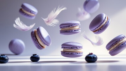 Colorful blueberry macarons levitating against a vibrant background