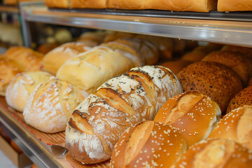 Crispy fresh bread on counter in bakery store. Generative AI