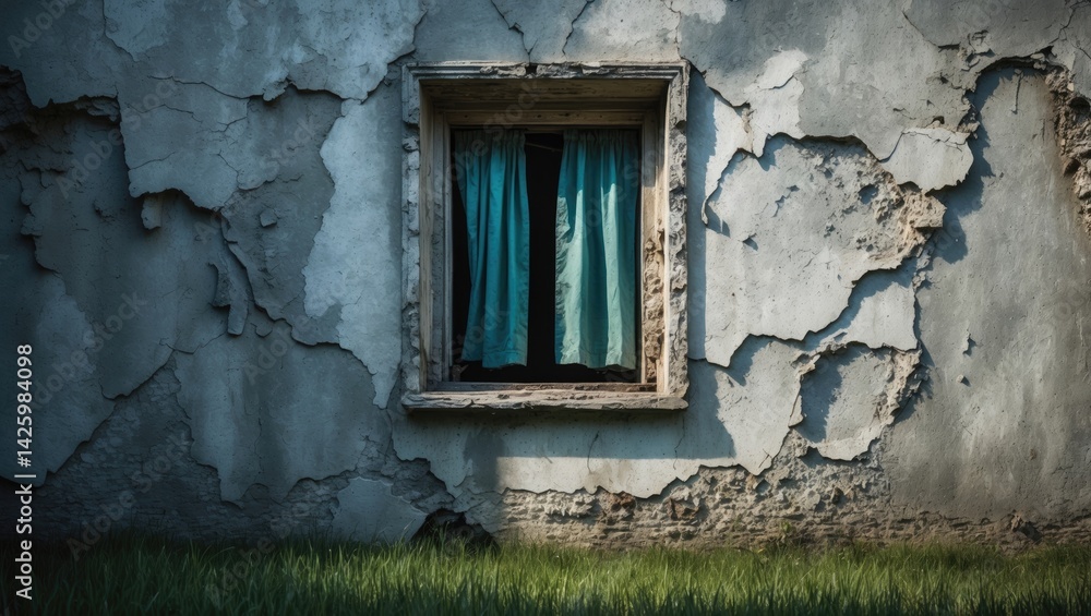 Poster a weathered stucco wall and abandoned building facade with a grungy, ruined appearance showcasing br