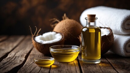 Cosmetic oil and bowl with bath towel on warm wooden background