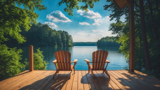 Adirondack chairs on a wooden cottage deck overlooking a peaceful lake on a summer day