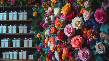 A lively flower wall adorned with colorful blooms and sophisticated decor accents