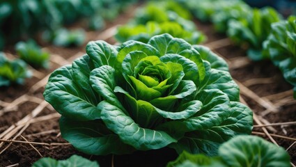 Closeup of mustard greens growing on a vegetable plot with a blurred background