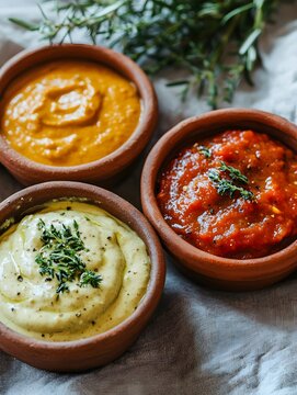 Colorful Homemade Vegetarian Sauces and Condiments with Fresh Ingredients - Healthy Organic Anniversity Appetizer Recipe