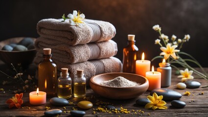 Plakat Luxury bath and massage area with moody lighting, candles, and natural decor in top view