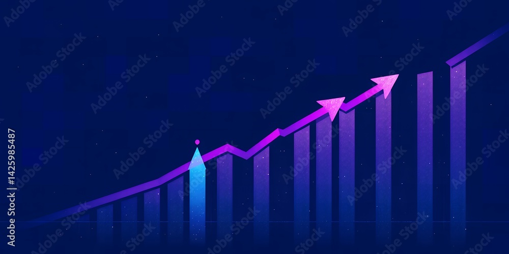 Poster illustration of a rising graph with bars and arrows in blue and purple color scheme background
