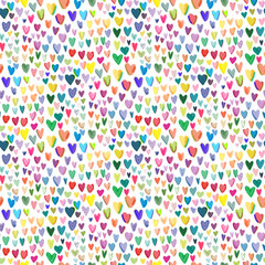 Playful seamless pattern with multicolored hand-drawn hearts. Watercolor and crayon style on white background. Isolated on white background