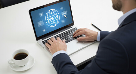 Businessman Browsing WWW on Laptop Modern Office Setup Clean Desk Blue Interface