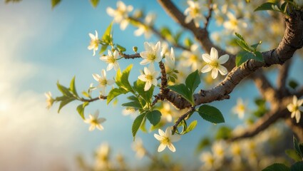 Fruit tree branches adorned with blooming white flowers