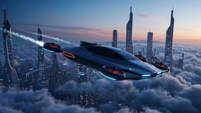 Futuristic flying car soaring above modern skyscrapers  