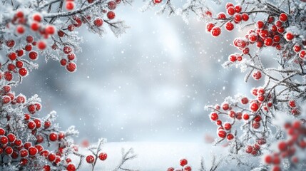Snow-covered board frame framed by branches with red berries covered in frost