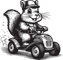 squirrel cartoon character driving a lawn mower vector illustration