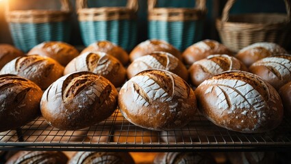 Rustic artisan bread loaves showcased in a bakery