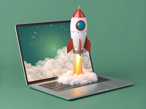Rocket Launching from Laptop Screen Startup Success Concept