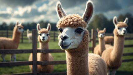 Obraz premium Furry alpaca peeking from the fence in a rural summer setting