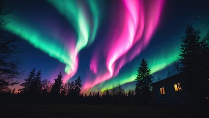 Majestic northern lights glowing over tranquil trees in a vibrant night sky