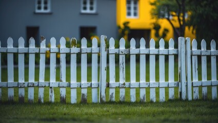 A white picket fence borders the lawn's edge