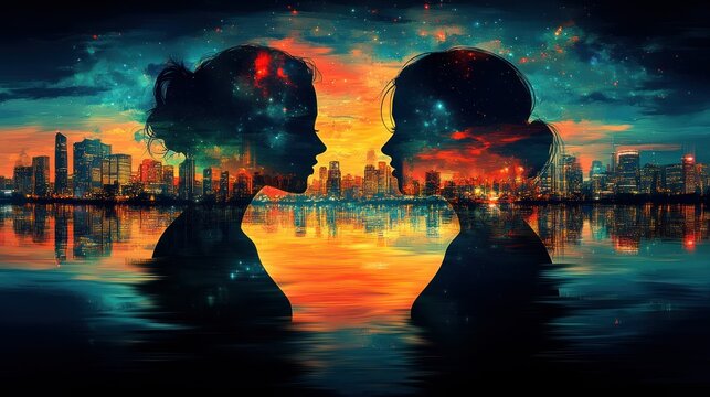 Two women silhouettes face each other over city skyline, reflected in water, with starry overlay