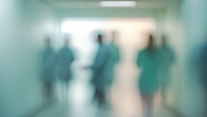 Abstract blue medical clinic background with soft bokeh effect and blurred people