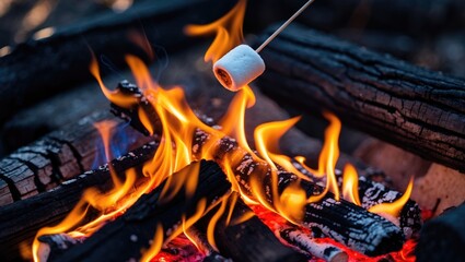 Abstract background of a beach bonfire with marshmallows and bright flames