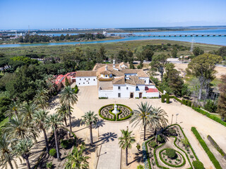 Aerial drone view of Santa Maria monastery in La Rabida. Rabida Monastery is a Franciscan monastery...