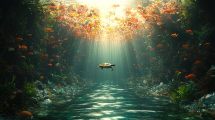 Underwater tunnel, colorful fish, turtle, polluted water