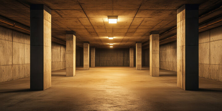 spacious, empty industrial interior featuring modern dark concrete walls and illuminated ceiling lights. atmosphere is calm and minimalistic, showcasing structural elements of space