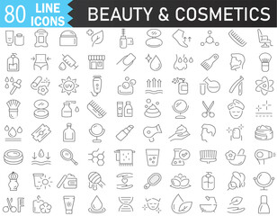 Beauty and cosmetics vector line icons set. Cosmetics, Beauty, Skincare, Makeup, Perfume, Fragrance, Hair. Editable Vector stroke pictograms. illustration EPS10