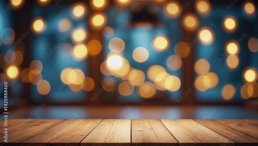 Poster empty wooden plank display board with abstract blurred background illuminated by electric lamp and w