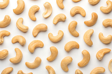 Raw Cashew Nuts Scattered on White Background in Close-Up Top View