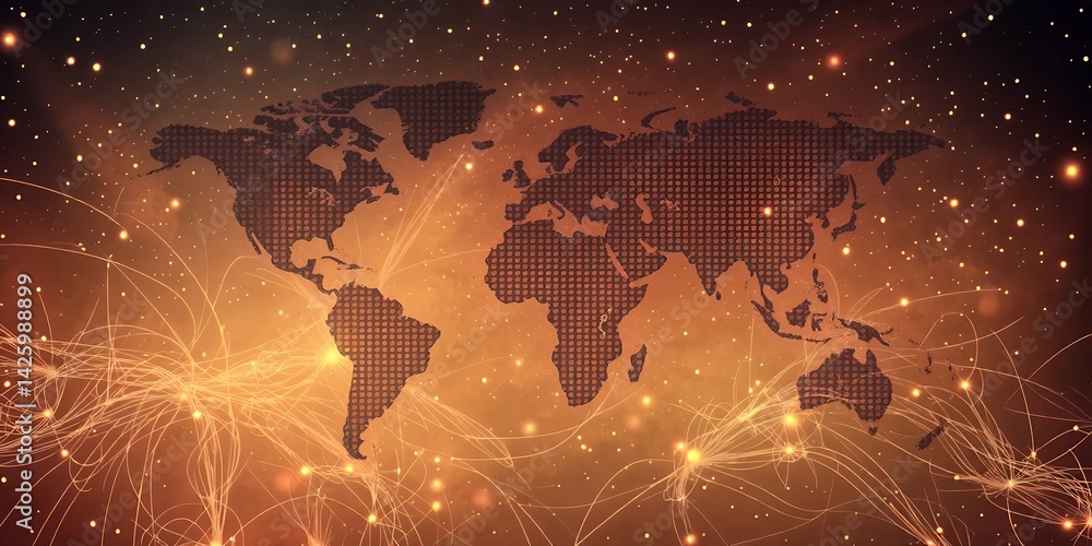 Aufkleber world map overlayed with glowing network connections and sparkling particles on orange background