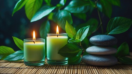 Aromatherapy candles and massage pebbles for Zen spa relaxation