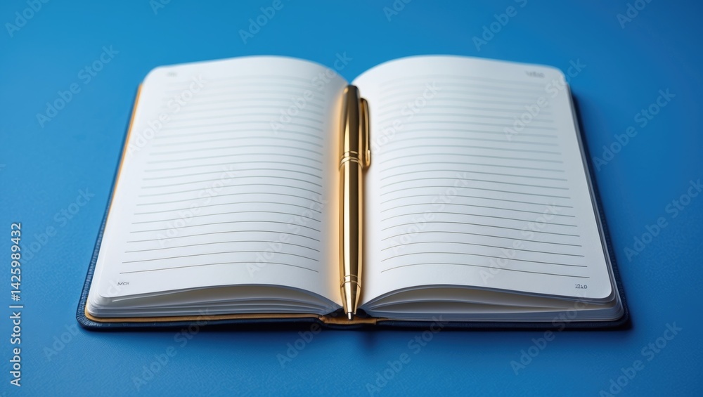 Poster open diary with a ballpoint pen on background with space for writing