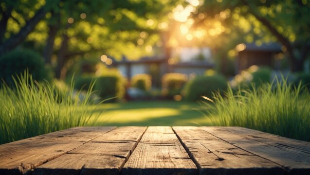 Wooden table setting in backyard with blurred garden background for advertising template
