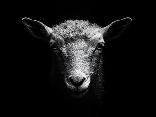 Fototapeta premium Dramatic Black and White Portrait of a Sheep Against a Dark Background
