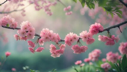 Springtime scenery featuring branches with blossoms, horizontal banner showcasing pink flowers, selective focus on beautiful pink blossom branches on the tree, natural floral background