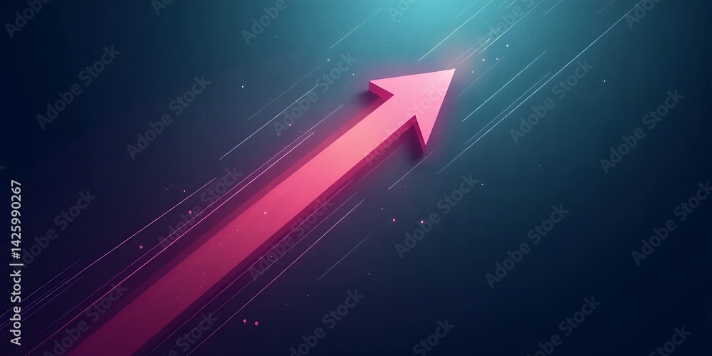 Poster a red arrow pointing upwards diagonally on a dark blue background with light streaks around it