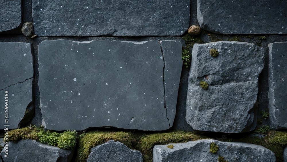 Poster natural dark grey stone texture background with daylight reflection on a polished empty wall, featur